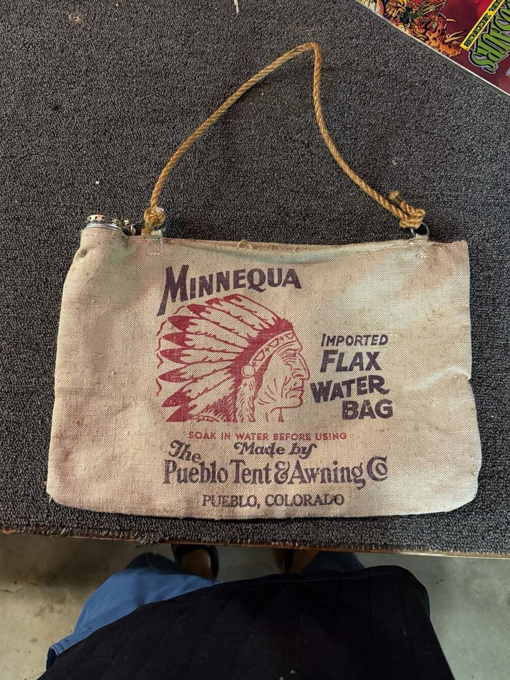 Vintage Minnequa Imported Flax Water Bag Pueblo Tent & Awning Co. Native America